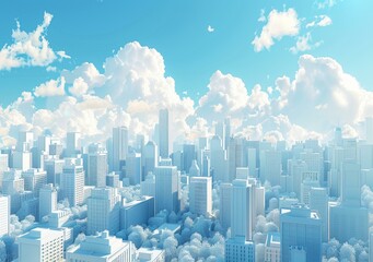 Poster - Cityscape Illustration with Pastel Colors and Fluffy Clouds