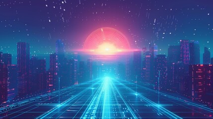 Wall Mural - futuristic city illustration with glowing grid and sunset