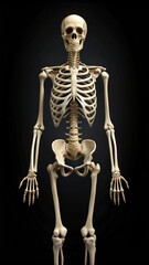 Wall Mural - anatomical adult skeleton model displayed against a dark background. generative ai
