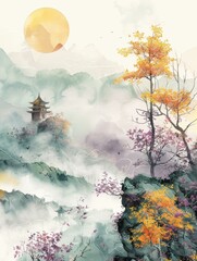 Sticker - Misty Mountain Landscape Painting