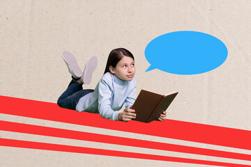 Wall Mural - Collage image poster of dreamy kid lying and reading book empty space element isolated on drawing background