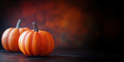 Wall Mural - Ripe pumpkin on a dark background. Thanksgiving day or Halloween concept. Beautiful holiday harvest autumn background with copy space 