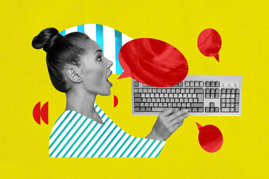 Creative collage young woman say tell textbox keyboard buttons user computer modern technology equipment communication social media forum