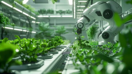 Robot arm harvesting salad in a greenhouse