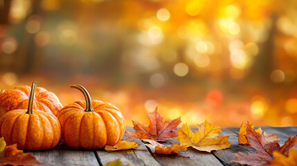 Wall Mural - Ripe pumpkins on a blur background. Thanksgiving day or Halloween concept. Beautiful holiday harvest autumn banner background with copy space 