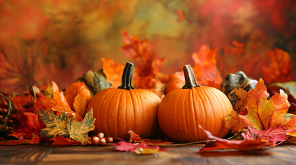 Wall Mural - Ripe pumpkins on a blur background. Thanksgiving day or Halloween concept. Beautiful holiday harvest autumn banner background with copy space 