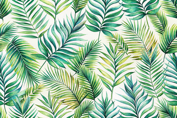 Sticker - Palm Leaves Pattern. Watercolor Palm leaves seamless vector background