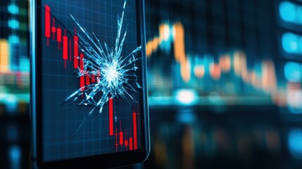 Poster - Stock Market Values Decline with Cracked Screen Visualization