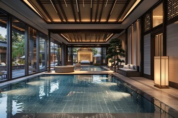 Wall Mural - Luxury Indoor Swimming Pool with Asian Style