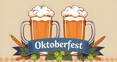 Two beer mugs with wheat ears and hop leaves. Vintage illustration. Oktoberfest celebration. Bar and pub theme. Brewing industry. Banner or invitation with space for text.