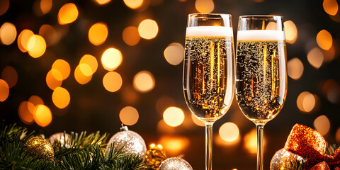 two glasses of champagne are on the table. new year atmosphere. festive atmosphere. champagne on Christmas Eve. bokeh background