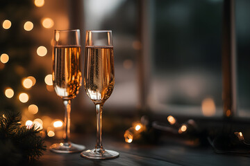 two glasses of champagne are on the table. new year atmosphere. festive atmosphere. champagne on Christmas Eve. bokeh background