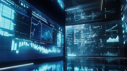 A futuristic data analysis environment with glowing screens displaying financial charts and city skyline reflections.