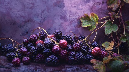 Wall Mural -   A group of blackberries resting atop a table, surrounded by green foliage and a purple backdrop