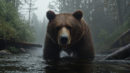   A large brown bear stands in the center of a river, surrounded by a dense forest full of tall trees