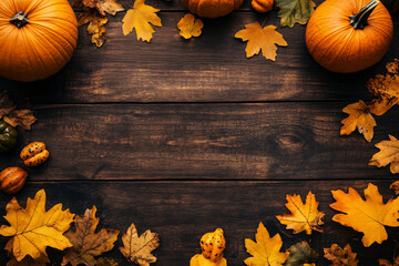 Frame with pumpkins and autumn leaves on a wooden background. Design banner template for autumn cards, halloween, harvest thanksgiving day or Halloween concept  with place for text