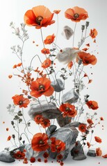 Sticker - Orange poppies with grey rocks