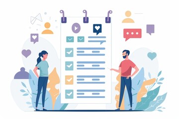 Aufkleber - Two individuals discuss interactive polls and surveys, highlighting the importance of user engagement and feedback on social media. Generative AI