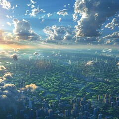 Poster - Aerial View of a Futuristic Cityscape with Lush Greenery