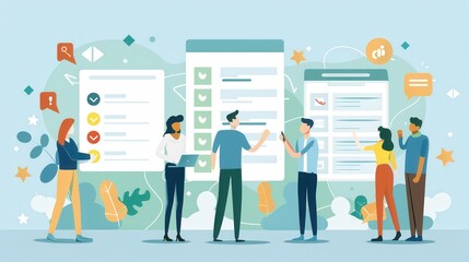 Aufkleber - A diverse group of people actively discussing interactive polls and surveys to enhance user engagement on social media platforms. Generative AI