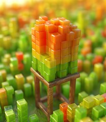 Wall Mural - 3D illustration of a wooden chair with a tower of multi-colored blocks on top of it