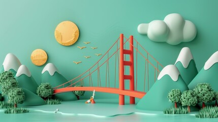 Cartoon illustration of Golden Gate Bridge with mountains and clouds