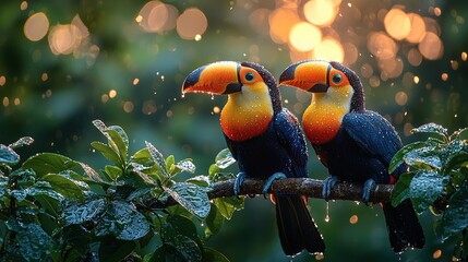 Sticker -   Two vibrant birds perched on a tree amidst a drenched forest canopy, surrounded by lush green foliage and droplets of water