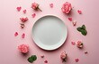 © ArtCookStudio - Romantic pink background with roses, hearts, and a circular frame for special occasions