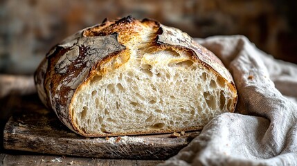 Wall Mural -   A close-up photo of a slice of bread resting on a wooden cutting board, covered with a white linen napkin