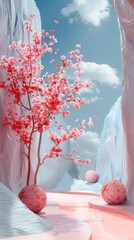 Poster - Pink Blossom Valley Landscape Illustration