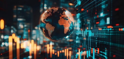 Poster - An abstract digital representation of the Earth surrounded by futuristic data analysis visuals and vibrant cityscape.