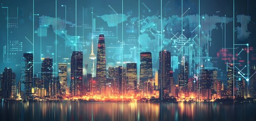 Poster - Futuristic city skyline with vibrant lights and digital overlay, showcasing modern architecture against a serene reflection.