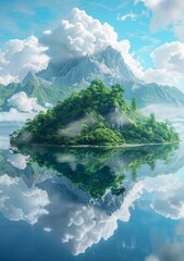 Canvas Print - Mirrored Mountain Island Landscape with Clouds