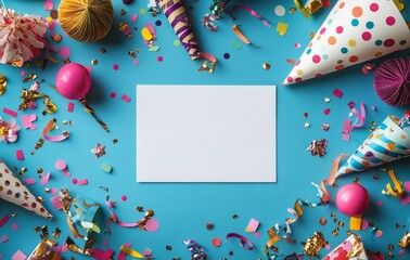 Festive celebration setup with colorful party hats and confetti on a bright blue background