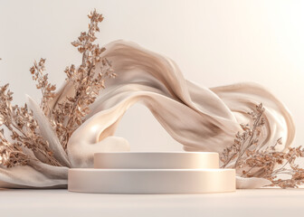 Product Podium - Two White Podium, Abstract Elements, Leaves