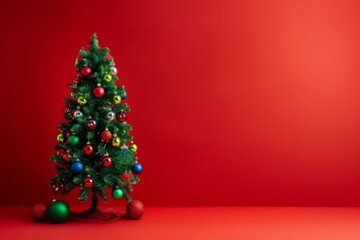 A festive Christmas tree is beautifully displayed against a bright red background, capturing the spirit of the holiday season with joyous colors and celebration, spreading cheer and merriment