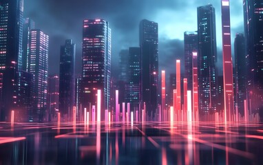 Poster - Vibrant futuristic city featuring glowing skyscrapers and colorful lights reflecting on water, set against a dramatic sky.