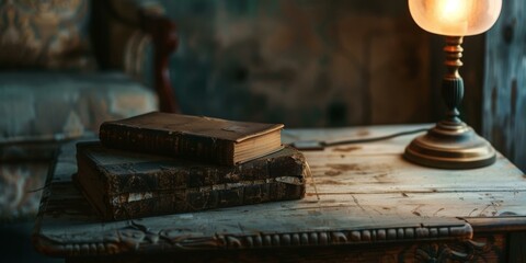 Wall Mural - leather-bound books on a wooden table next to a lamp