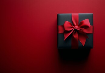 A beautifully wrapped black gift box with a red ribbon on a textured red and black background