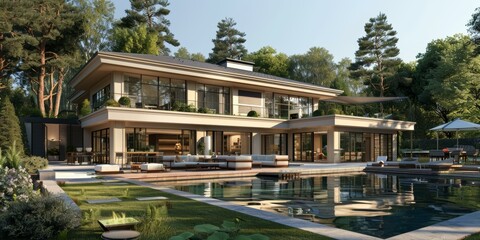 Wall Mural - Modern Mansion with Pool and Garden