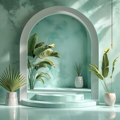 Canvas Print - Mint Green Archway Display with Tropical Plants