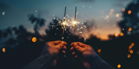 Celebrating a magical moment with sparklers at dusk, surrounded by loved ones, as night falls with a cozy, festive glow. Joy and happiness fill the gathering as friends and family unite in warmth