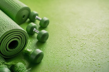 bright green yoga mat and weights with a green apple, promoting fitness and healthy living