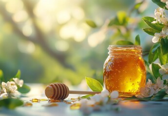 Golden honey jar surrounded by flowers and sunlight on a peaceful morning