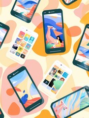 Aufkleber - Multiple smartphones showcase engaging stories and short clips against a cheerful, artistic background, inviting connection and creativity. Generative AI