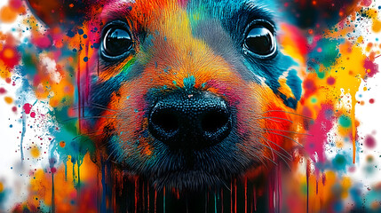 Sticker - Colorful animal painting with splattered colors and black nose