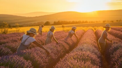 Wall Mural -   A team of individuals collaborate amidst a sea of lavender blossoms as the sun descends, with rolling hills in the backdrop