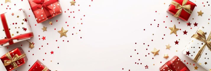 Wall Mural - festive christmas background featuring gift boxes and confetti is the perfect scenery for a joyful e