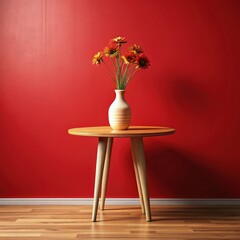 Sticker - Elegant wooden table with flower vase on a red wall in a cozy interior setting. Generative AI