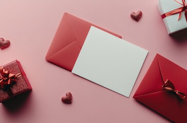 Red envelope and blank card on pink background for love letter or special occasion